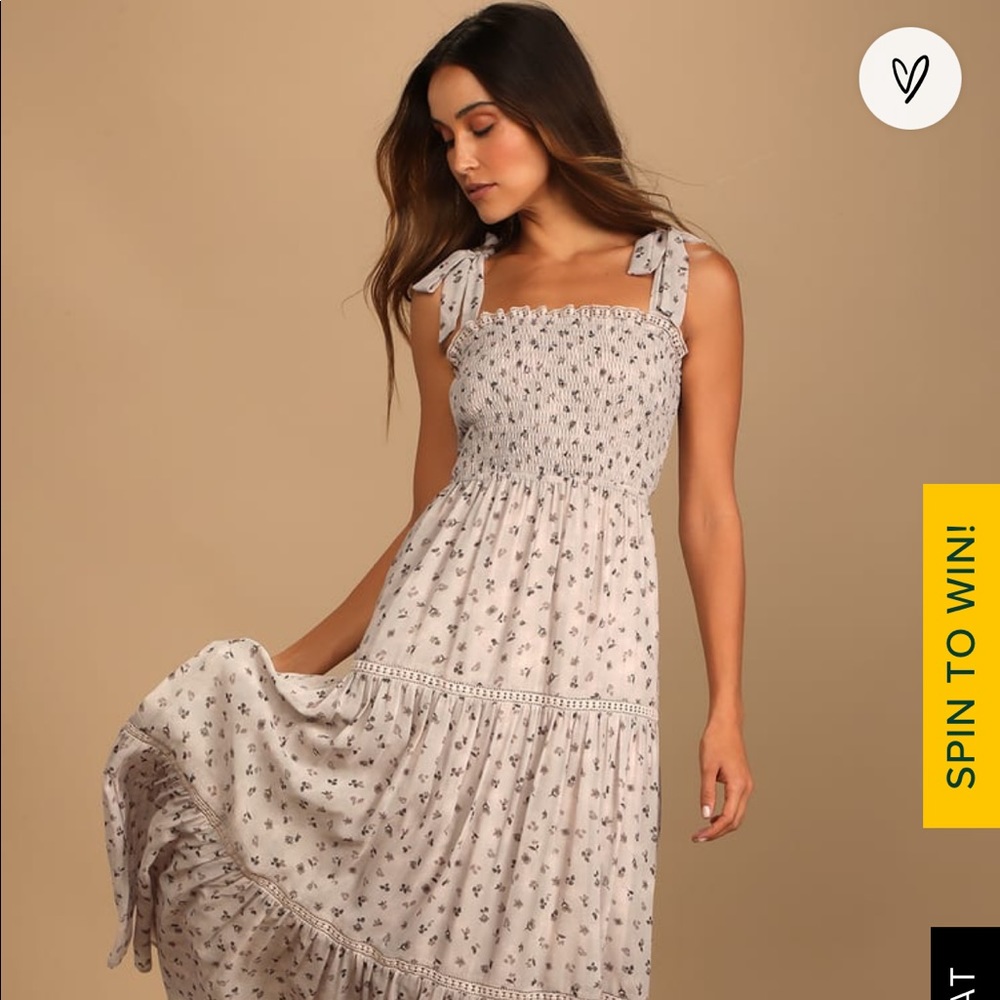 Lulu’s Taupe Floral Tie Strap Smocked Dress